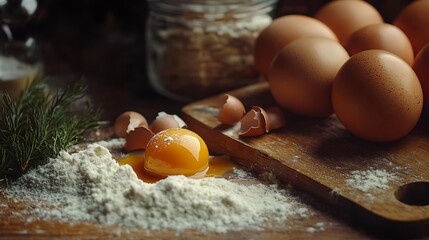 eggs and flour on a cutting board.