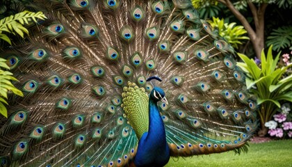 Obraz premium A peacock displaying its vibrant feathers in a lush garden
