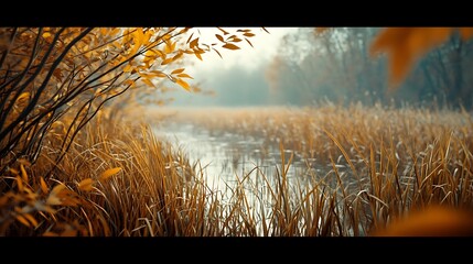 Dry grass on lake shore in winter.
