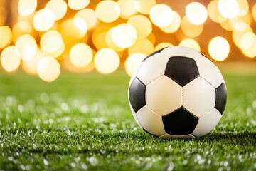 Fototapeta premium Soccer ball on green grass with blurred lights in the background.