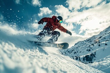 A snowboarder performing a stunt in the air against a white backdrop. Generative Ai