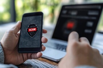 Digital risk alert: text Scam as cautionary message cyber fraud, phishing, internet deception, focusing on growing threats of online crime and need for security awareness, technological protection.