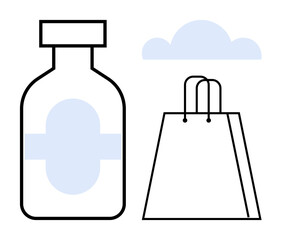 Bottle with medical cross, shopping bag, and cloud highlighting health, retail, and digital services. Ideal for ecommerce, health apps, pharmacy, medical sales online delivery digital marketing