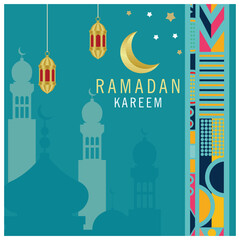 Obraz premium Ramadan Kareem with hanging lanterns and crescent moon. Silhouette of the mosque in the background. Ramadan concept. Flat vector illustration.