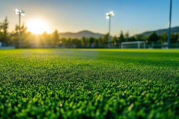 A soccer pitch with a bright green lawn. Generative Ai