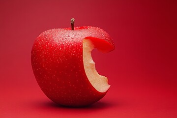 A red apple with a bite out of it rests against a crimson backdrop. Generative Ai