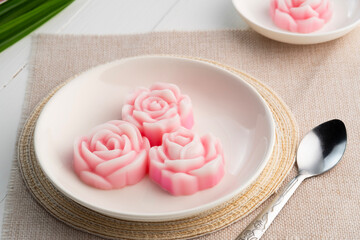 Coconut Milk Jelly (Thai Dessert).fancy rose shaped jelly in white plate .( Wun Kati)
