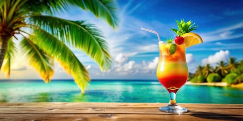 Colorful cocktail in a tropical paradise setting, cocktail, colorful, glass, drink, tropical, vacation, paradise, party