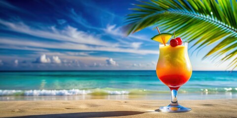 Colorful cocktail in a glass on a tropical beach setting, beach, tropical, cocktail, drink, refreshment, colorful, vibrant