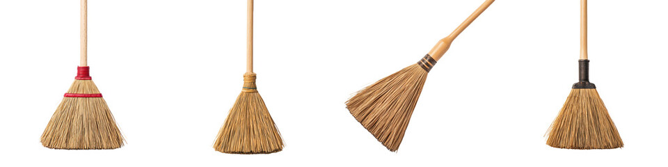 Assortment of various broom types including wooden handled straw bristles and other designs used for house cleaning chore completion and home maintenance purposes