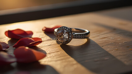 close-up image of a proposal ring placed inside a heart-shaped container on a table, bathed in warm sunset light streaming in from a nearby window