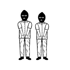 two criminal suspects handcuffed with their faces covered facing forward black and white vector line art