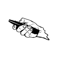 right hand holding the remote side view black and white vector line art