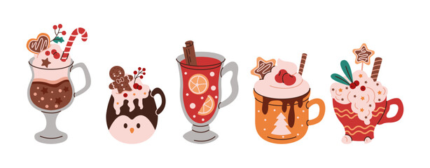 Festive holiday beverages flat color vector objects set. Warm Christmas drinks for cozy winter season illustrations bundle on white background