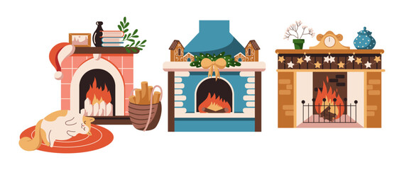 Obraz premium Burning fireplaces with Christmas decorations flat color vector objects set. Cute cat on rug enjoys home warmth illustrations bundle on white