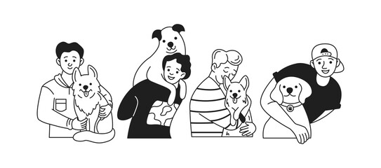 Cheerful young men with funny dogs flat linear icons collection. Concept of strong friendship of human and animals characters set on white