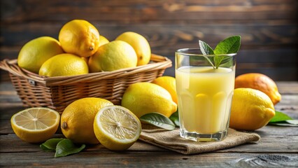 Close-up of fresh lemons and a glass of lemon juice, citrus, yellow, fruit, refreshing, healthy, vitamin C, summer, beverage