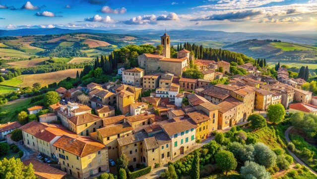 Close-up aerial view of Lucignano Tuscany town, Italy, Tuscany, Lucignano, town, village, architecture, buildings