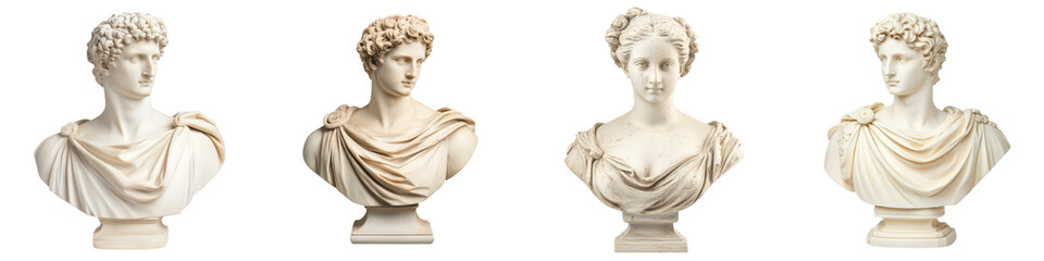 Obraz premium Collection of four exquisite marble busts featuring the sculpted heads of prominent figures from ancient Roman and Greek civilizations