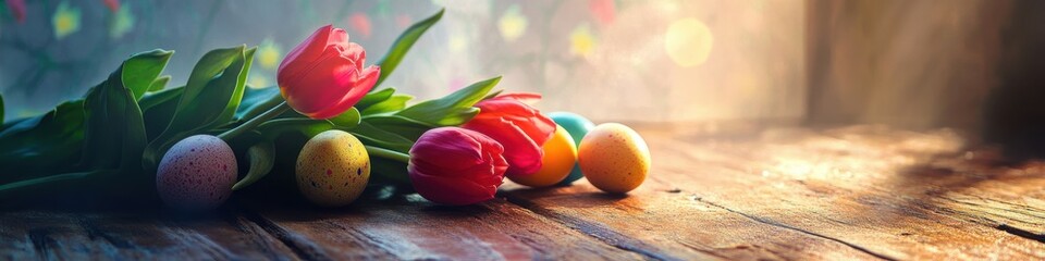 Colorful Tulips and Eggs on Wooden Table for Easter