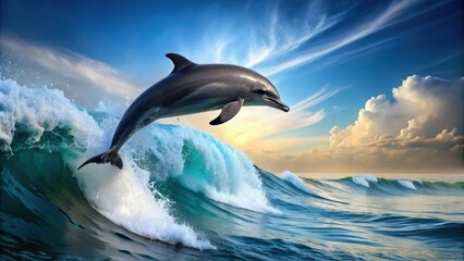Fototapeta premium Graceful dolphin leaping through ocean waves, of serene marine life, dolphin, marine life, ocean, waves, water, aquatic