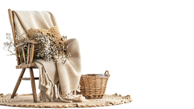 Cozy Throw Blanket on a Wooden Chair on transparent background PNG.