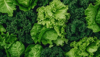 A vibrant close-up of fresh leafy greens, showcasing a mix of lettuce and kale textures in various shades of green.