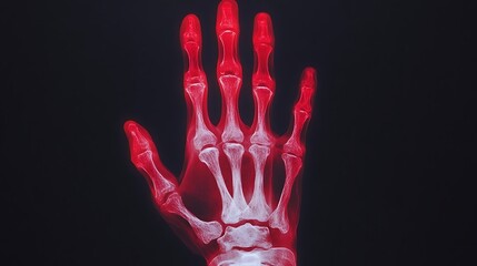 Obraz premium This detailed x ray image showcases the intricate structure of a human hand skeleton in a transparent red overlay