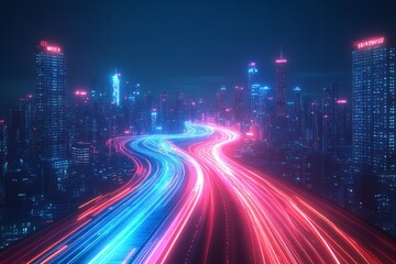 A nighttime metropolis encircled by an abstract gradient blue. Generative Ai