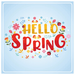 Hello spring with colorful flowers and ladybugs.