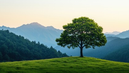 Obraz premium A lone tree stands majestically on a grassy hill with mountains in the background, bathed in soft morning light.