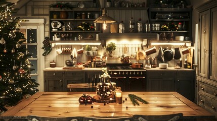 Charming Christmas Kitchen: Twinkling Lights and a Tree Create a Cozy Gathering Space