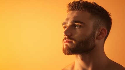 A pensive, shirtless man gazes upward, illuminated by warm golden light, highlighting his facial features and creating an intimate atmosphere.
