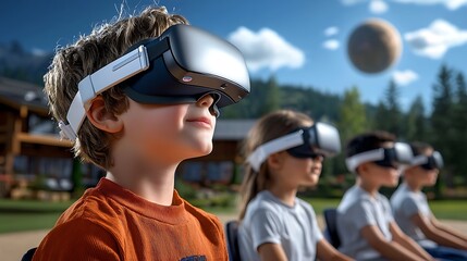 Group of young people enjoying an immersive virtual reality experience in a natural outdoor setting with mountains forests and clouds in the background