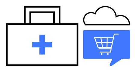 Obraz premium Medical kit with cross symbol next to shopping cart in speech bubble under a cloud. Ideal for telemedicine, online pharmacy, healthcare services, e-commerce, health insurance, medical advice, digital