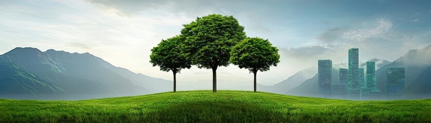 Fototapeta premium Economic Growth and Climate Change concept. A serene landscape featuring three trees on a gently sloping hill, set against a backdrop of mountains and modern buildings, merging nature with urban life.