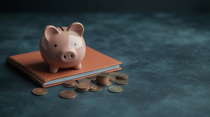 piggy bank sits on notebook surrounded by coins, symbolizing savings and financial planning. scene conveys sense of security and investment.