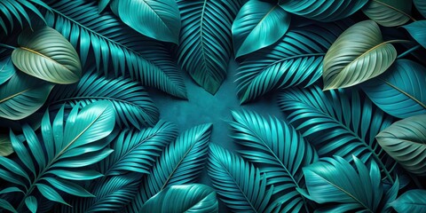 Cool teal tropical leaves background for wallpaper or design, tropical, leaves, teal, exotic, foliage, lush, vibrant
