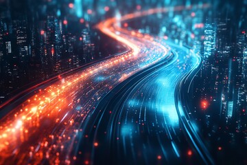 A nighttime metropolis encircled by an abstract gradient blue. Generative Ai