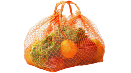 Reusable bag with groceries on white transparent background