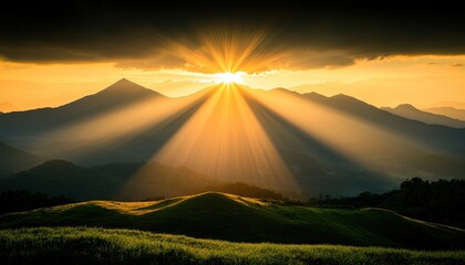 Fototapeta premium A picturesque sunset casts golden rays over mountainous terrain, creating a serene and tranquil atmosphere.