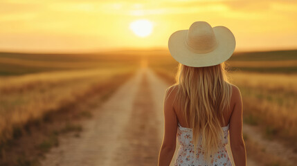 woman in straw hat stands on dirt road at sunset, surrounded by fields. warm glow of sun creates serene atmosphere - Powered by Adobe