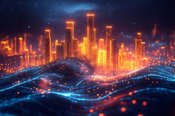 A nighttime metropolis encircled by an abstract gradient blue. Generative Ai