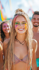 Fototapeta premium joyful young woman with colorful face paint smiles brightly at vibrant beach festival, surrounded by friends enjoying sunny atmosphere