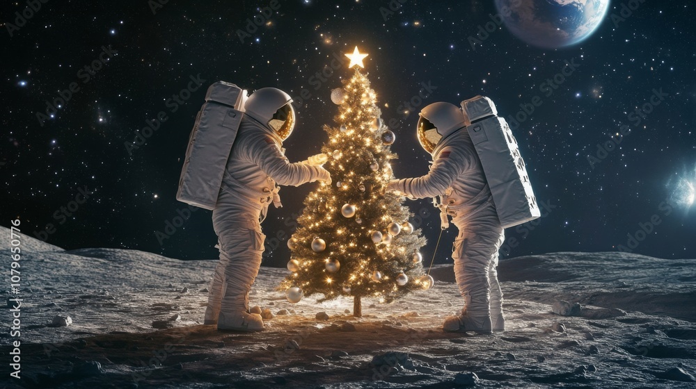 Aufkleber two astronauts in spacesuits place ornaments on a christmas tree on the moon. the lunar landscape gl