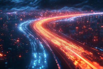 A nighttime metropolis encircled by an abstract gradient blue. Generative Ai