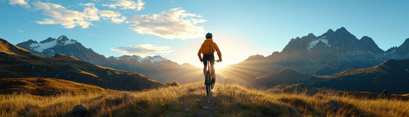 Fototapeta premium A cyclist rides towards a breathtaking sunset, surrounded by majestic mountains and sprawling grasslands.