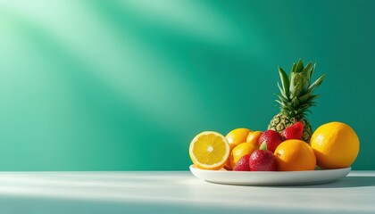 A vibrant assortment of fresh fruits, including pineapple, strawberries, lemons and oranges, beautifully arranged on a plate against a green background.