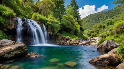 A cascading waterfall flows over rocks and into a clear pool, framed by lush greenery.