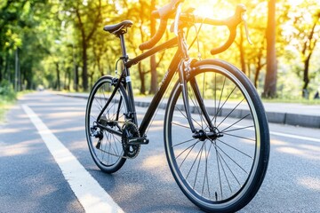 Fototapeta premium A black road bike stands on an asphalt path with the sun shining through the trees.